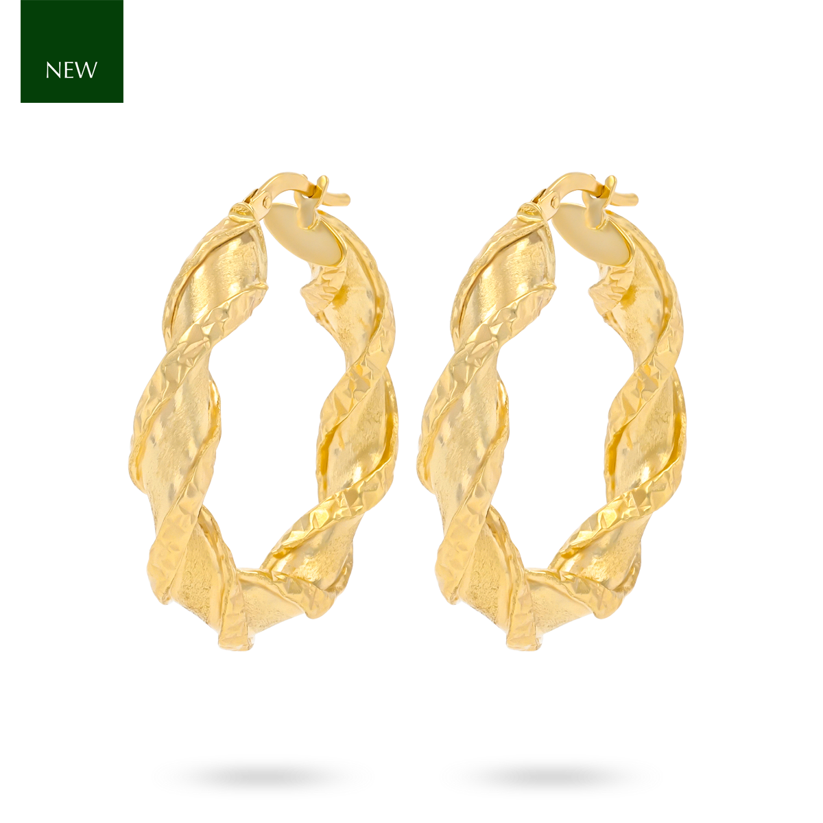 9ct Yellow Gold Diamond Cut Twist Satin Hoop Earrings
