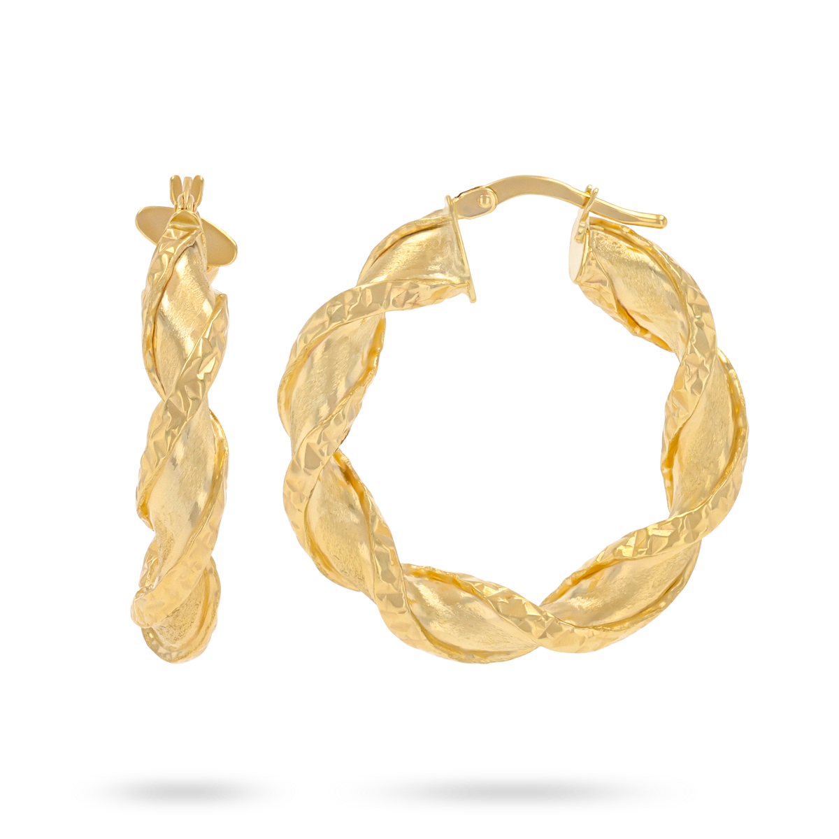 9ct Yellow Gold Diamond Cut Twist Satin Hoop Earrings