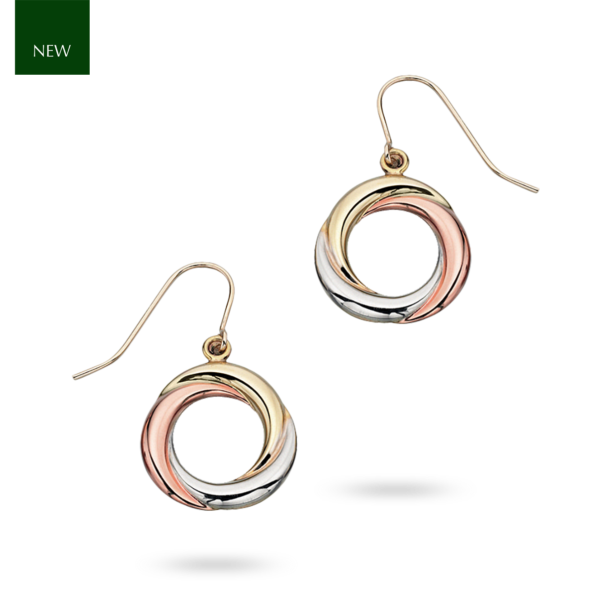 9ct Three Colour Gold Circle Twist Drop Earrings
