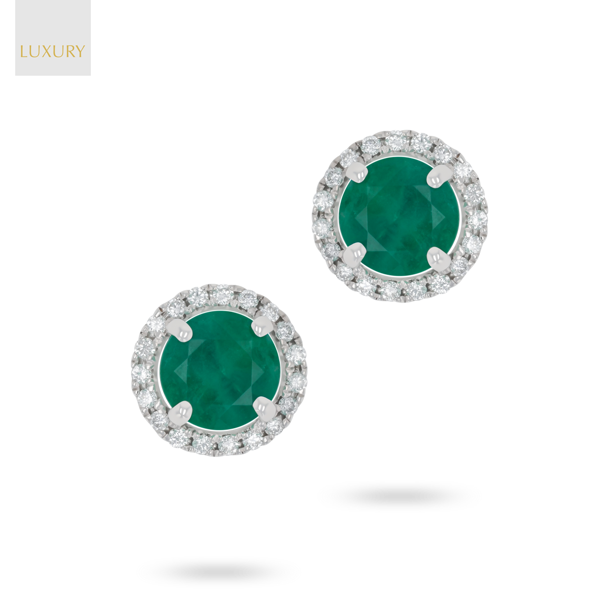 18ct White Gold Round Shaped Emerald & Diamond Halo Stud Earrings