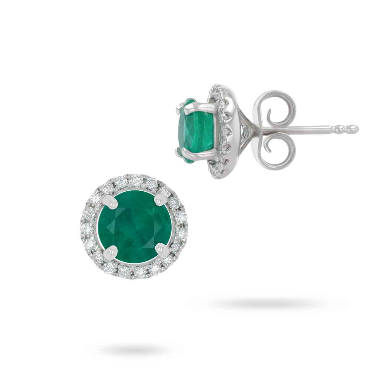 18ct White Gold Round Shaped Emerald & Diamond Halo Stud Earrings
