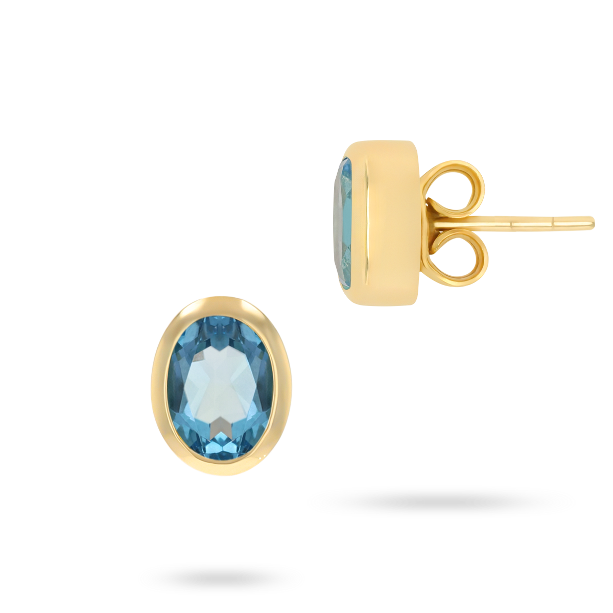 9ct Yellow Gold Oval Shaped Blue Topaz Bezel Set Stud Earrings