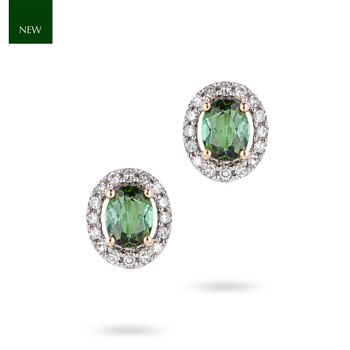 9ct Yellow Gold Green Tourmaline & Diamond Halo Stud Earrings