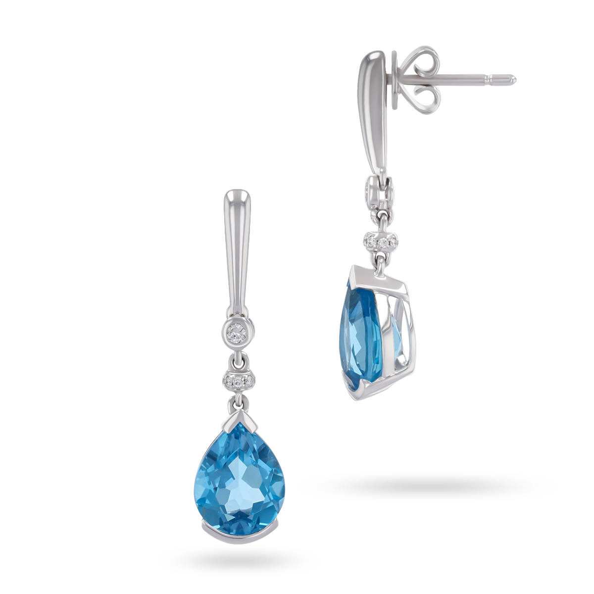 9ct White Gold Pear Shaped Blue Topaz & Diamond Drop Earrings