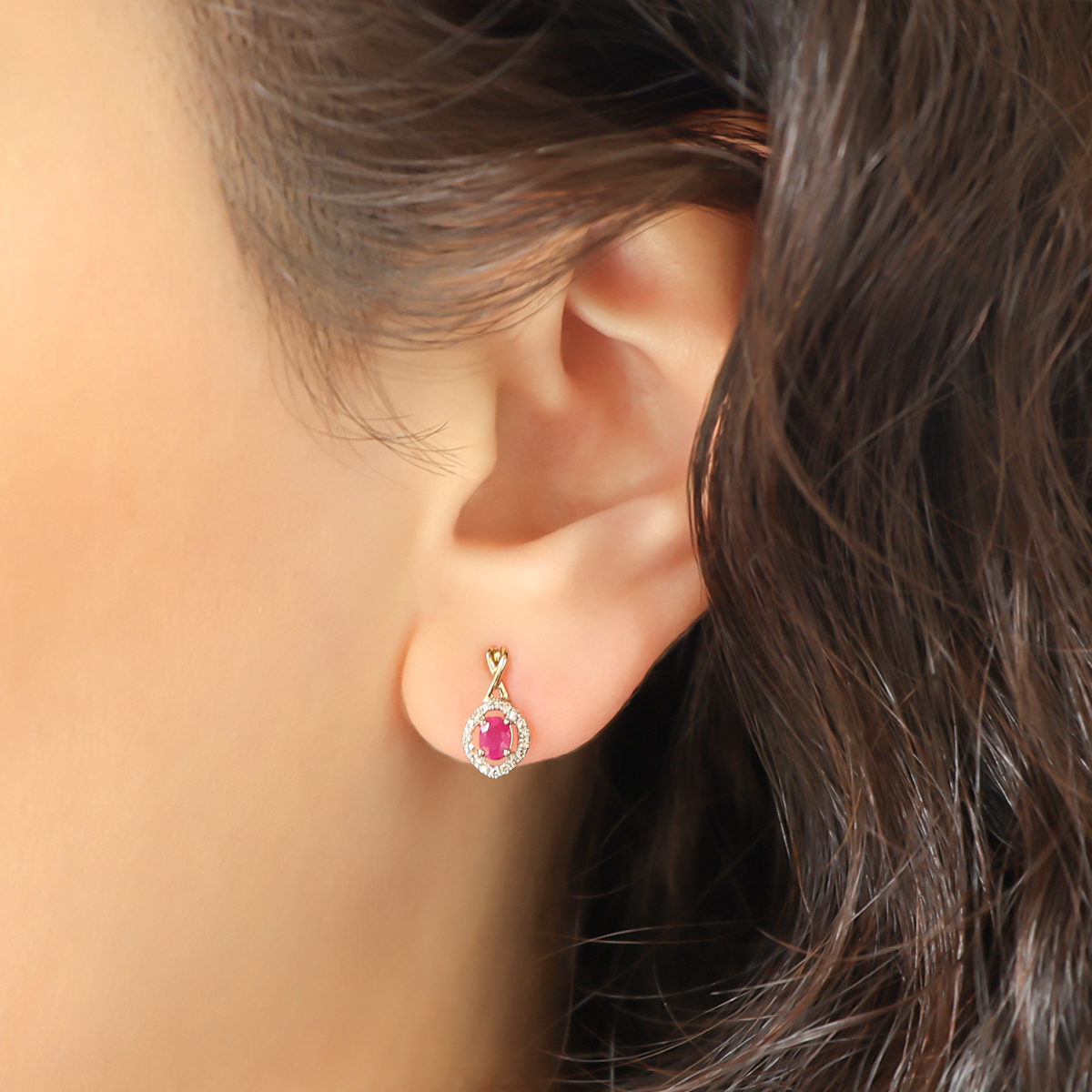 Model wears 9ct Yellow Gold Kiss Ruby & Diamond Halo Drop Earrings