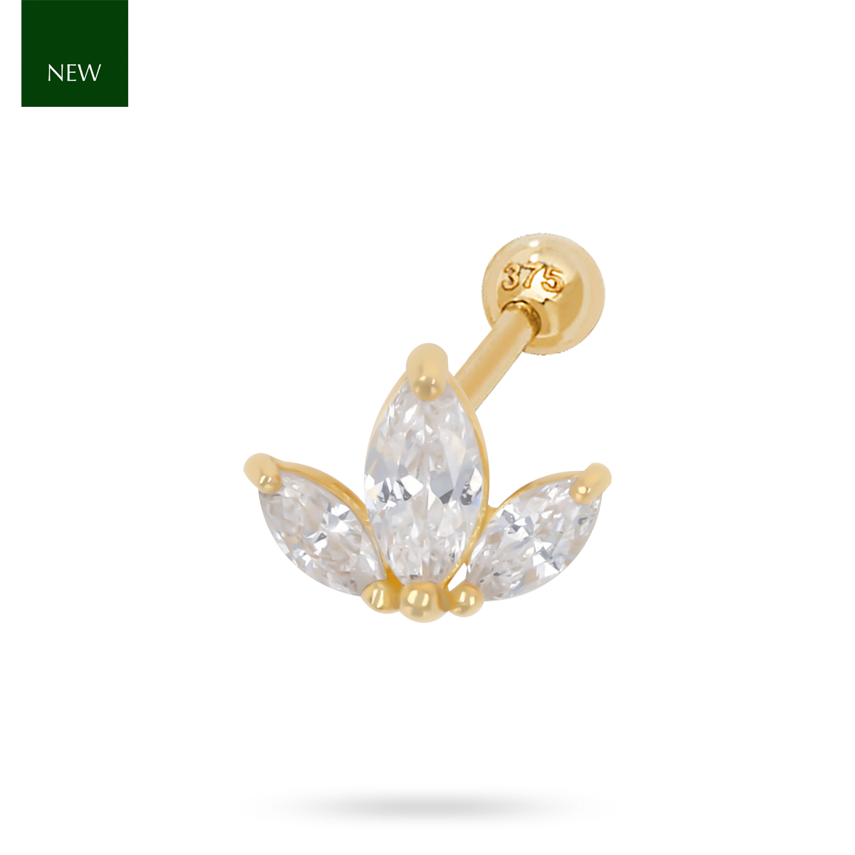 9ct Yellow Gold Cubic Zirconia Lotus Flower Barbell Earring