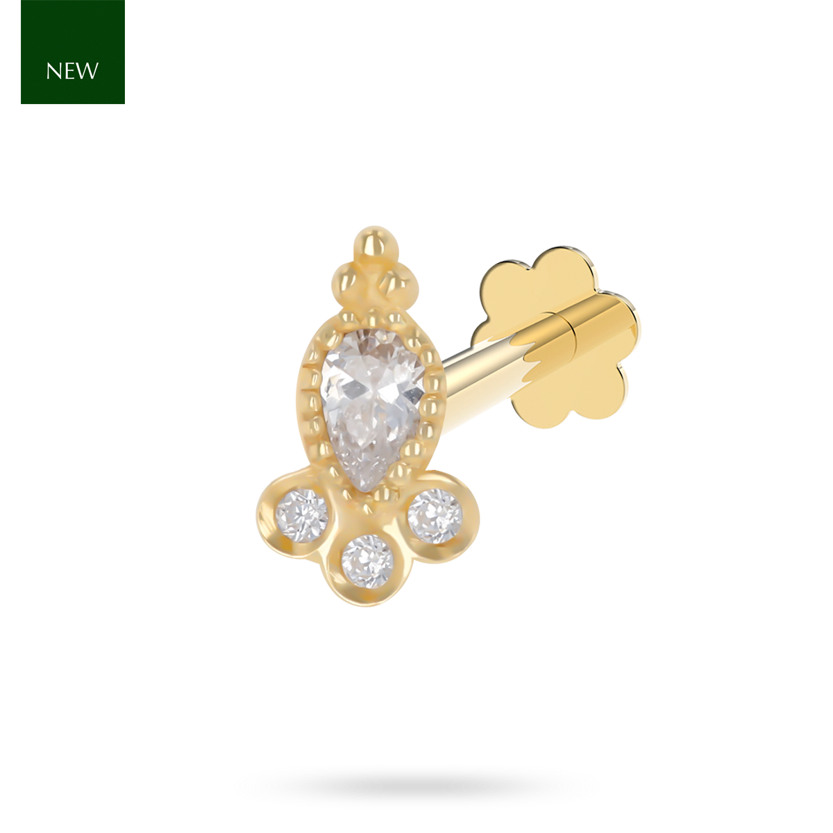 9ct Yellow Gold Teardrop Cubic Zirconia Mille-Grain Set Labret Earring