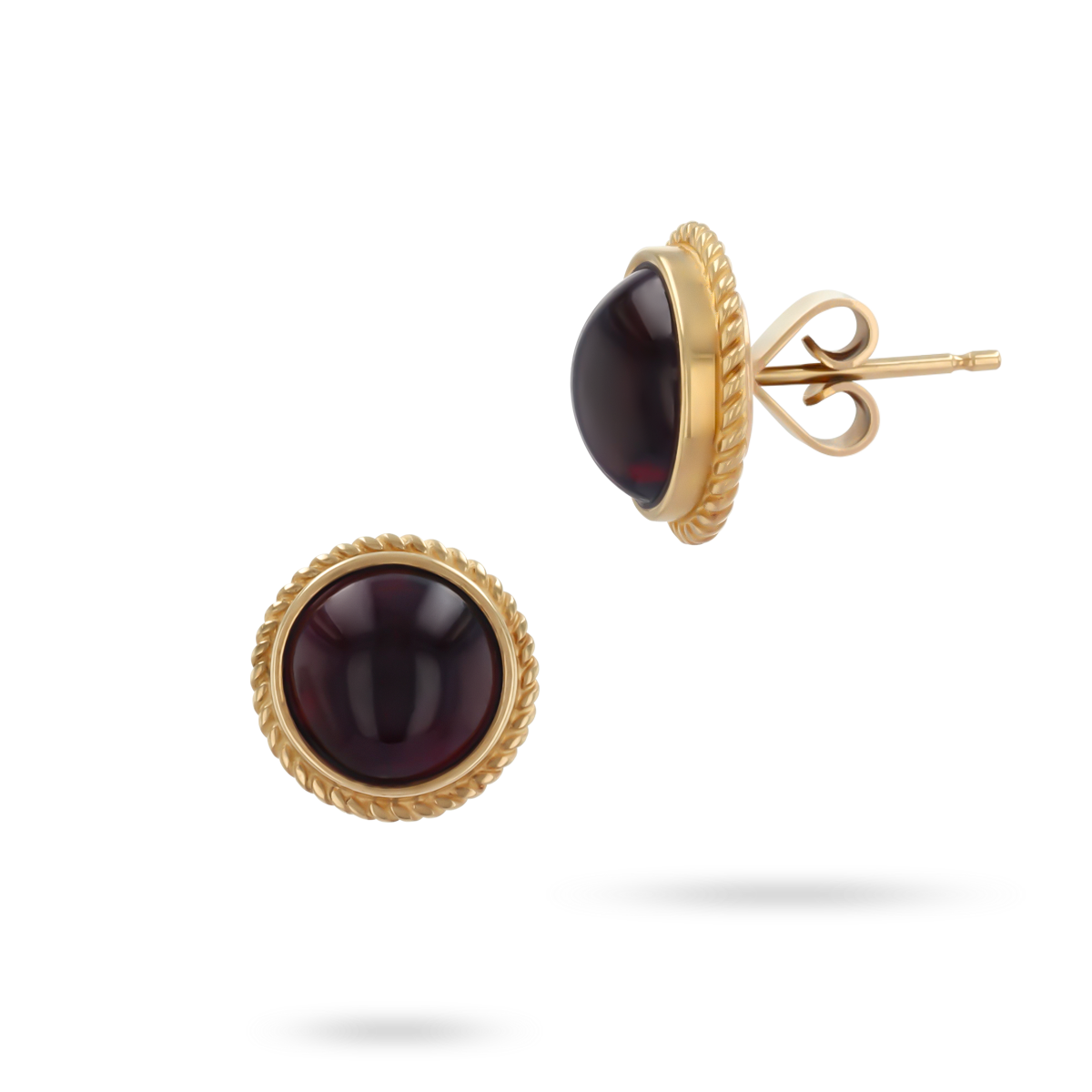 9ct Yellow Gold Round Cabochon Garnet Rope Edge Stud Earrings