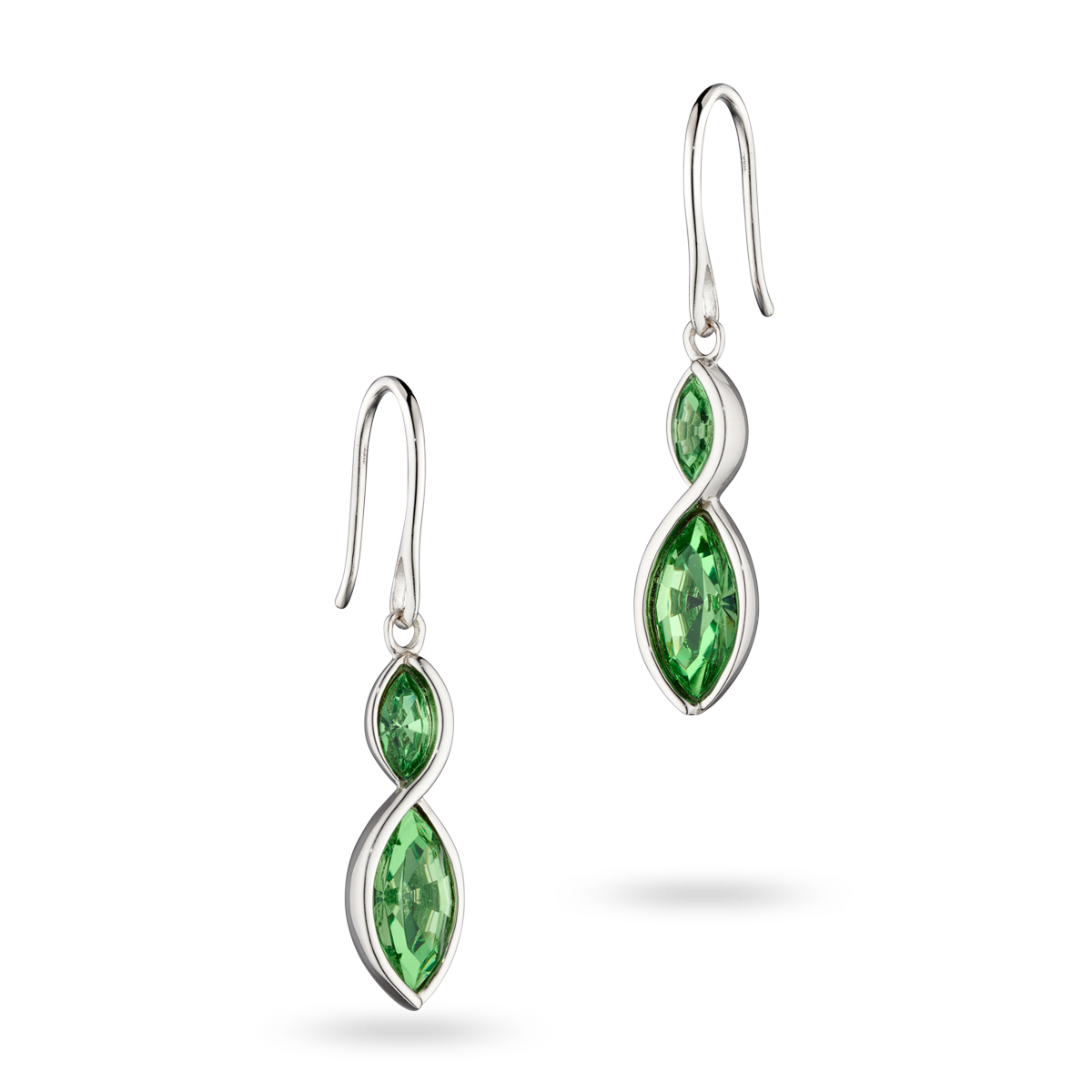 Sterling Silver Green Crystal Navette Twist Drop Earrings