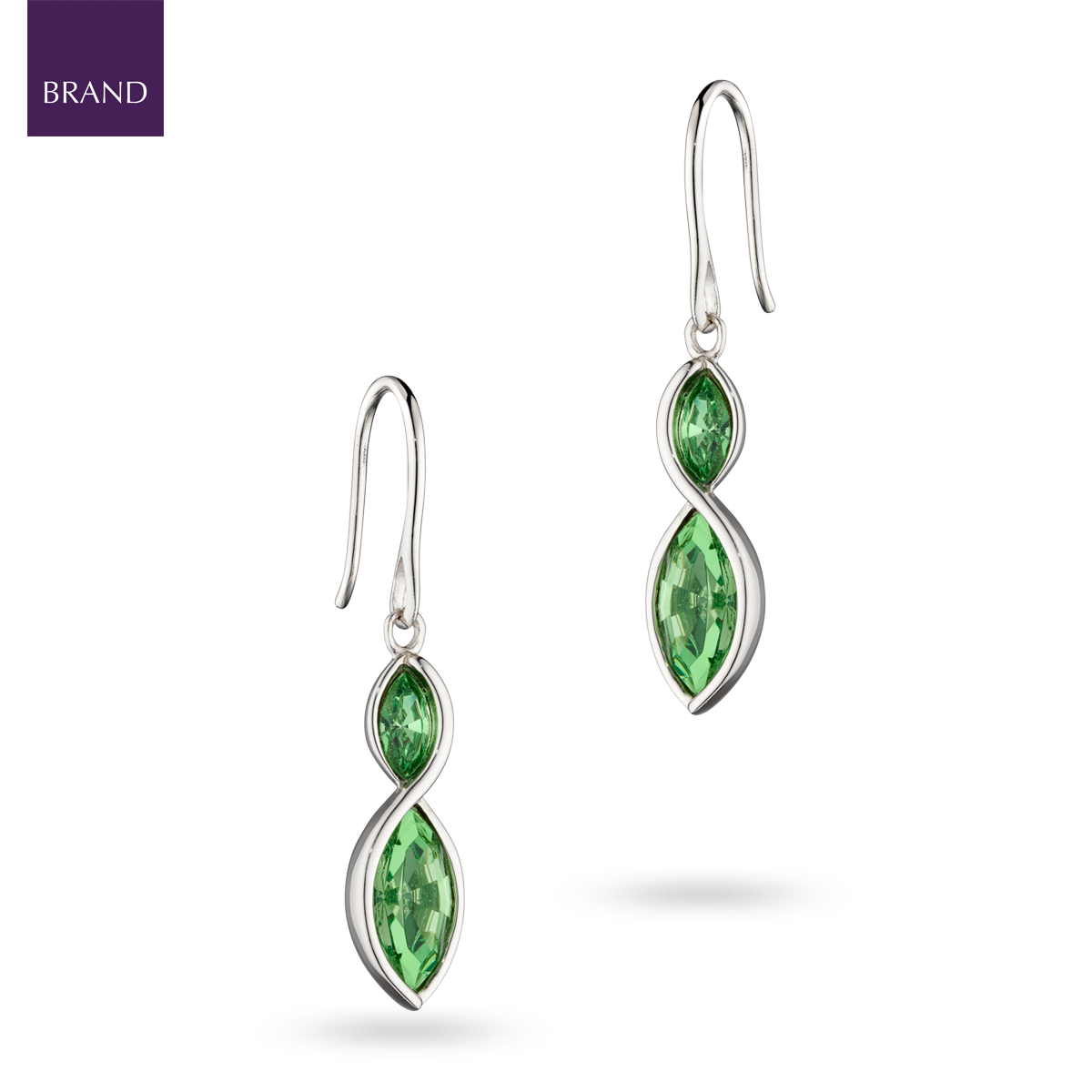 Sterling Silver Green Crystal Navette Twist Drop Earrings