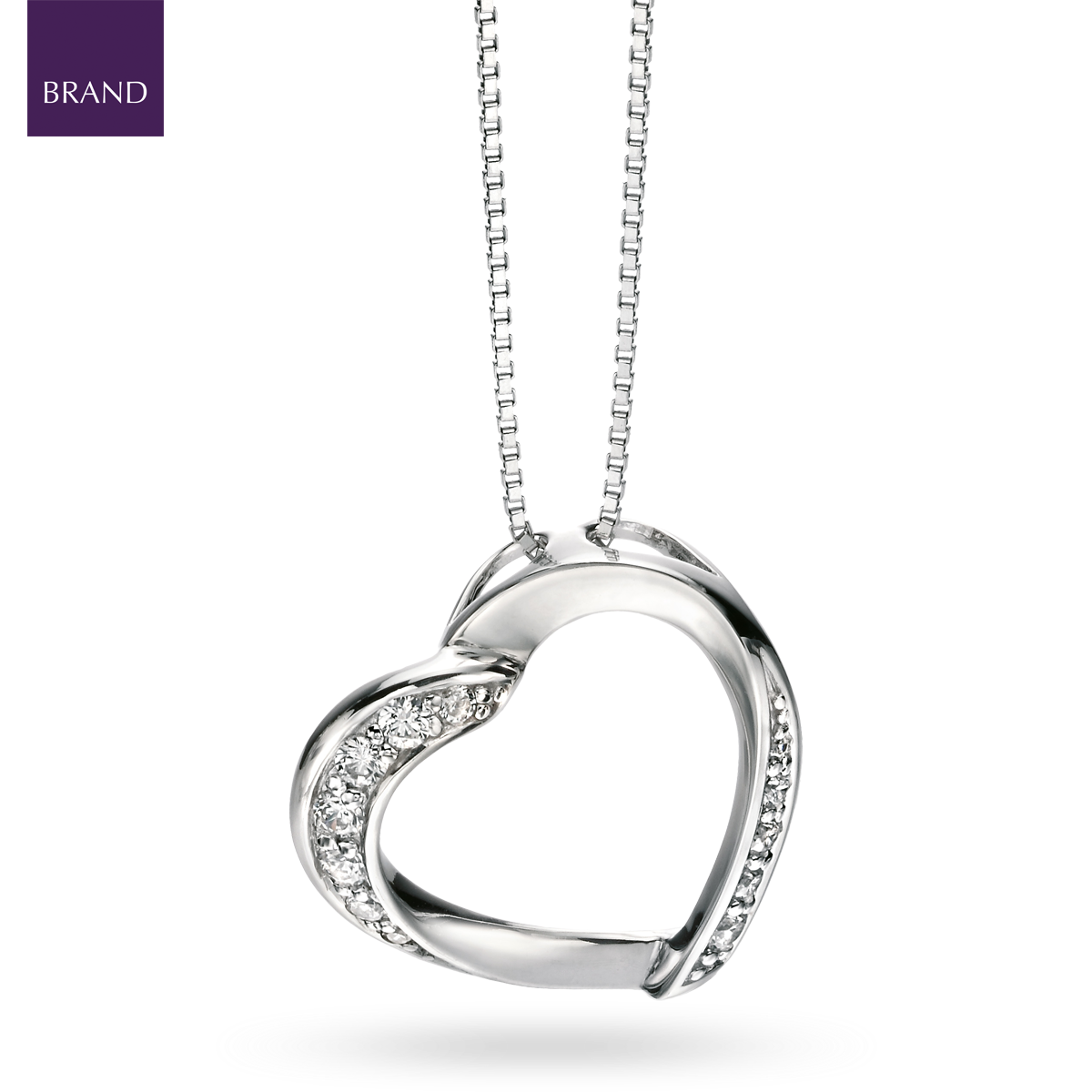 Sterling Silver Cubic Zirconia Set Ribbon Heart Pendant & Chain
