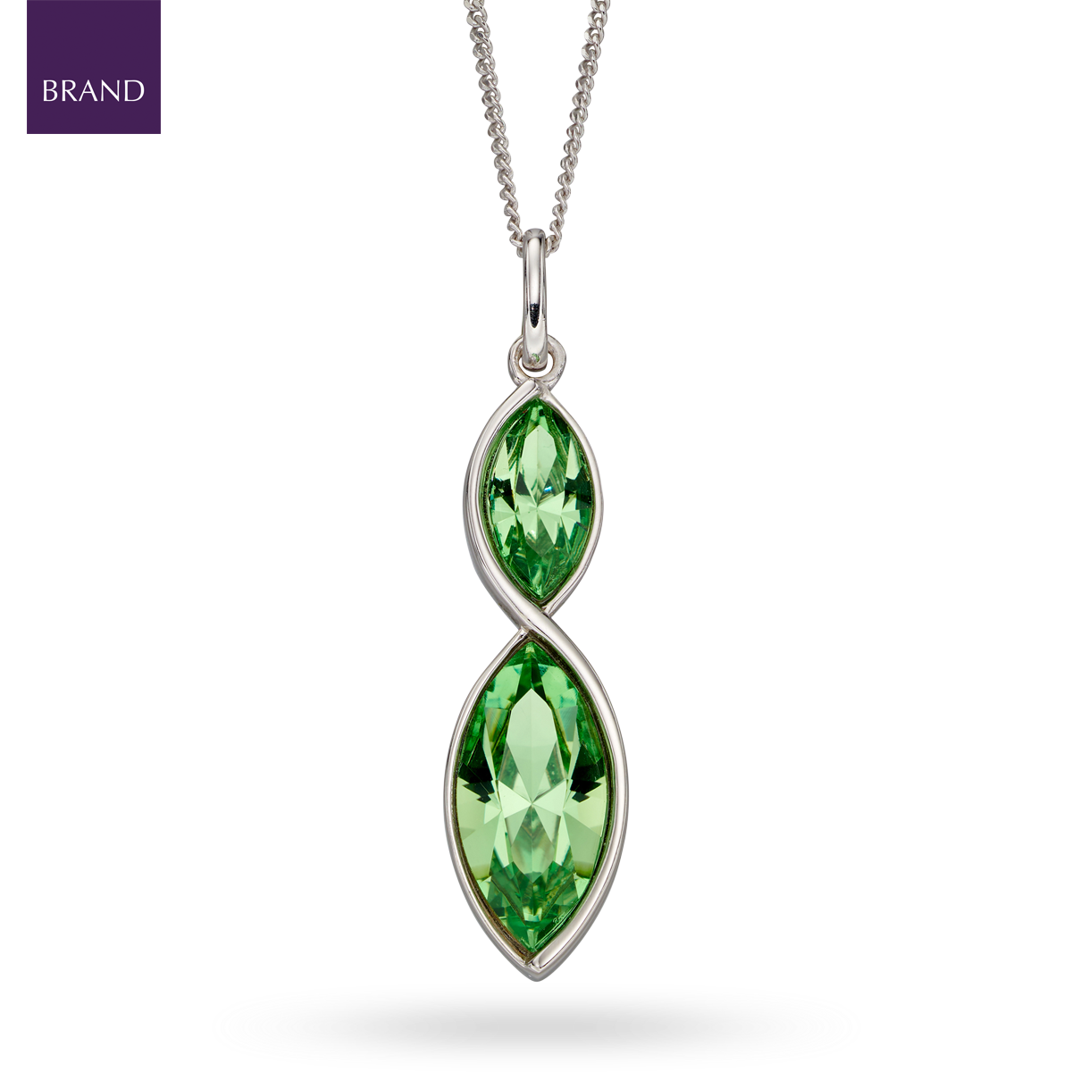 Sterling Silver Green Crystal Navette Twist Drop Pendant & Chain