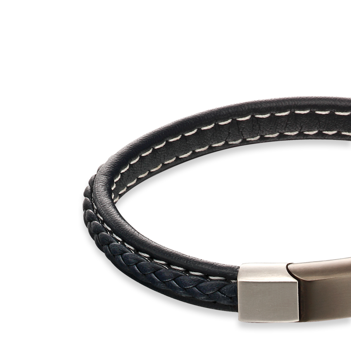 Plait Detail Navy Leather Bracelet With Mixed Brushed Finish