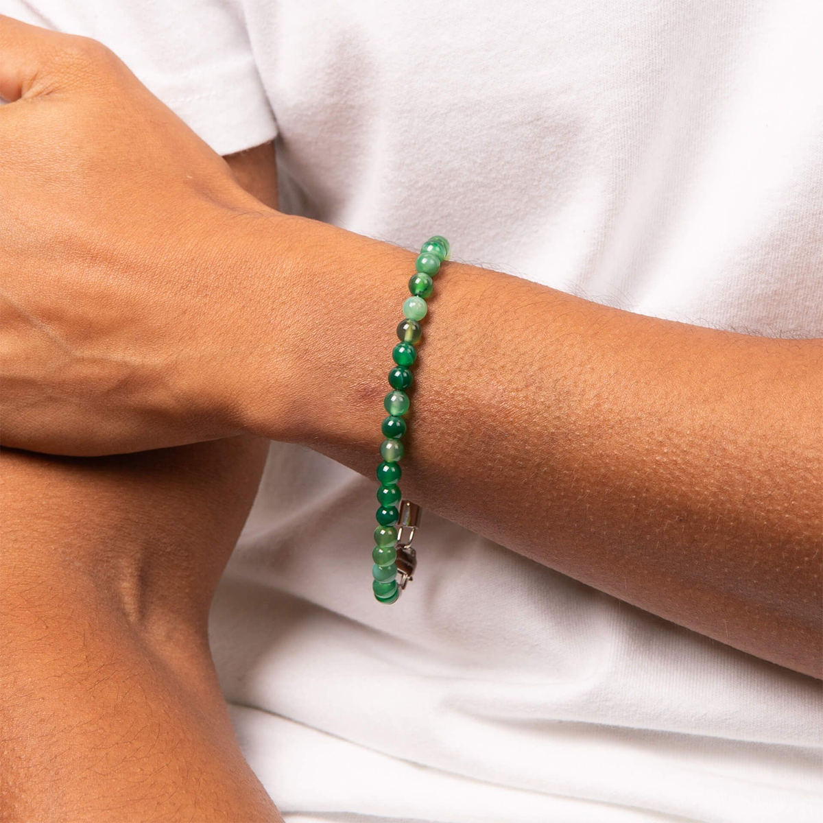 Model wears Stainless Steel Green Agate Beaded Bracelet