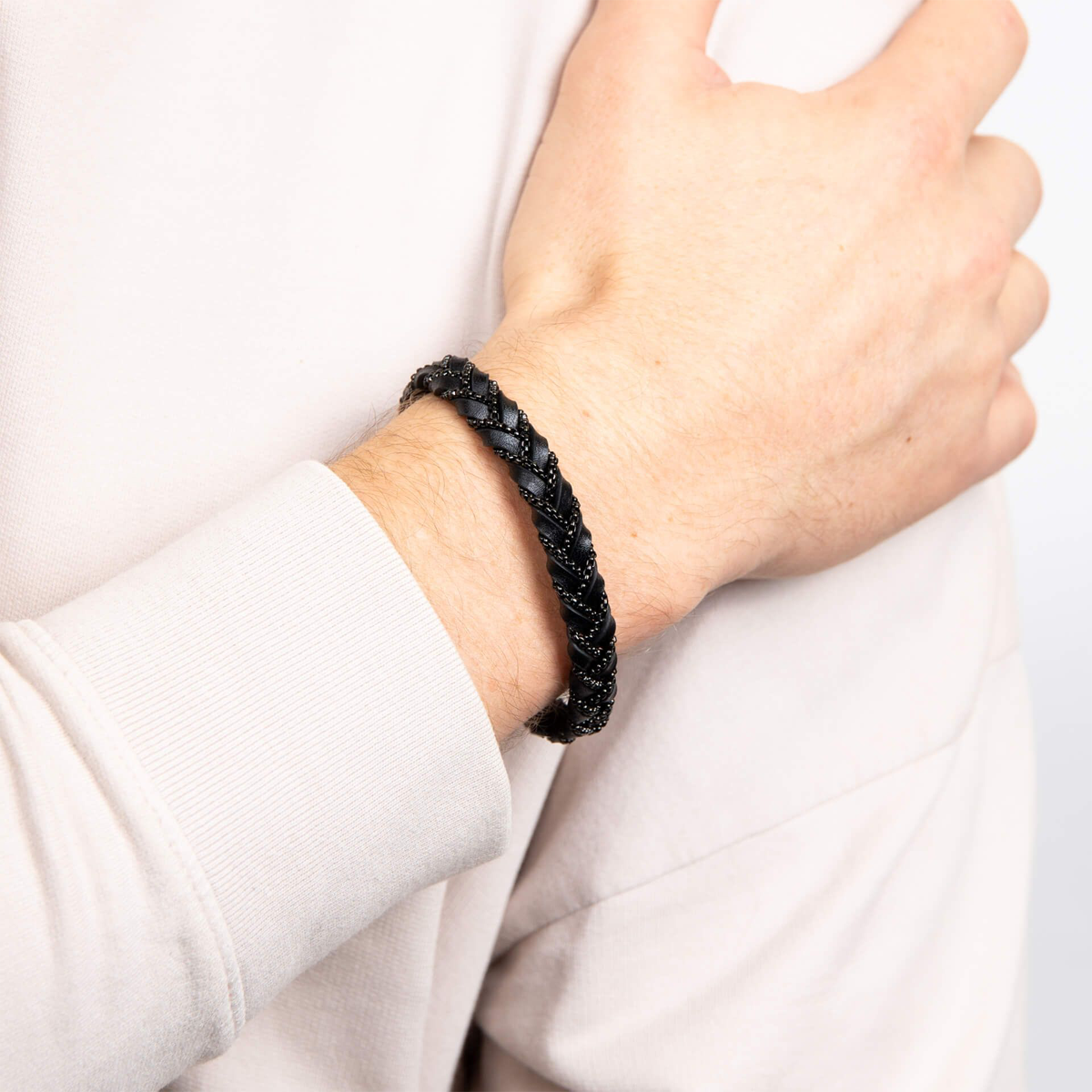 Model wears Black Stainless Steel Chain Plait Leather Bracelet