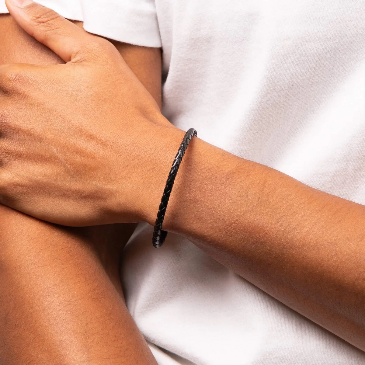 Model wears Skinny Stainless Steel Black Leather Bracelet With Magnetic Clasp