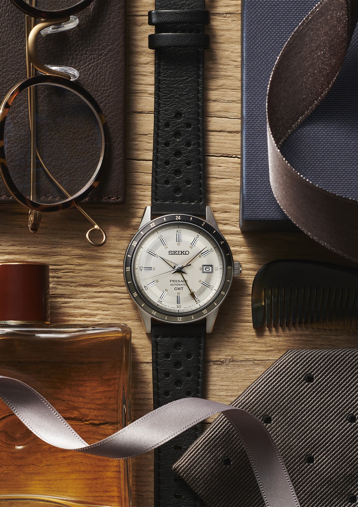 Seiko Presage “Stone” Style 60s Road Trip GMT, Brown Bezel with Black Leather Strap