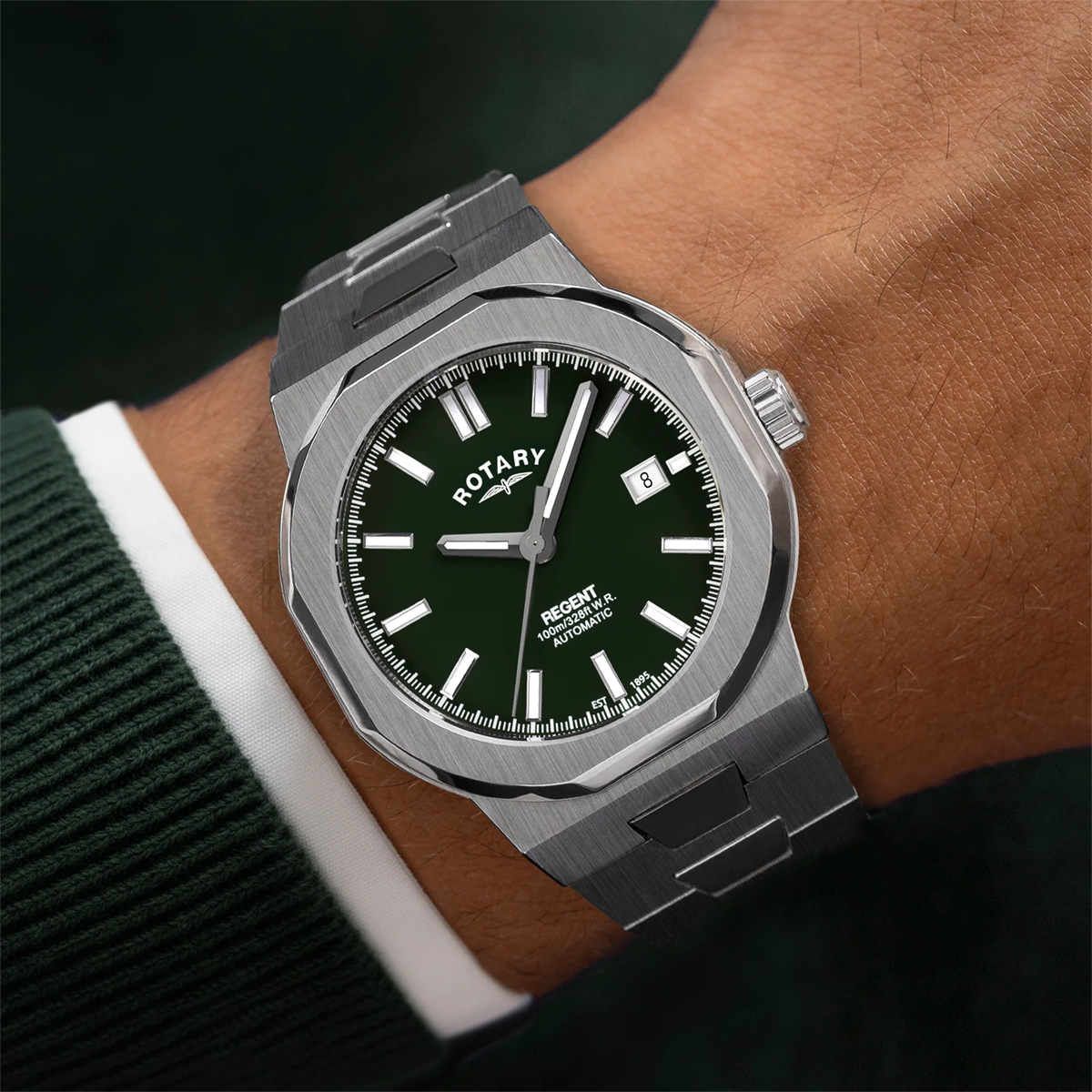 Model wears Rotary Regent Automatic, Green Dial with Stainless Steel Bracelet - GB05410/24