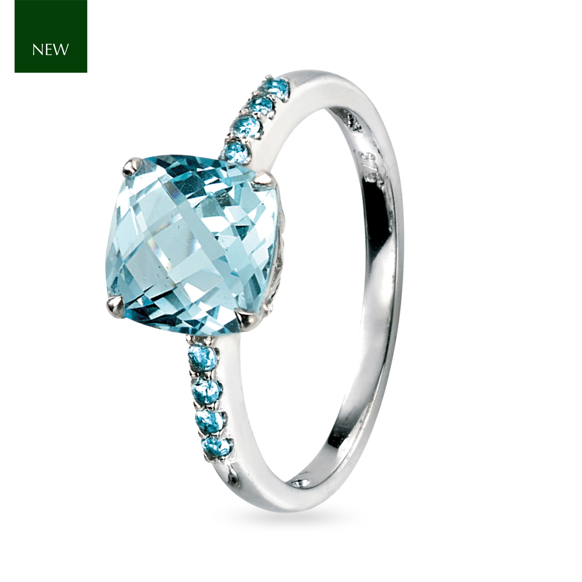 9ct White Gold Cushion Shaped Sky Blue Topaz Solitaire with Shoulders Ring