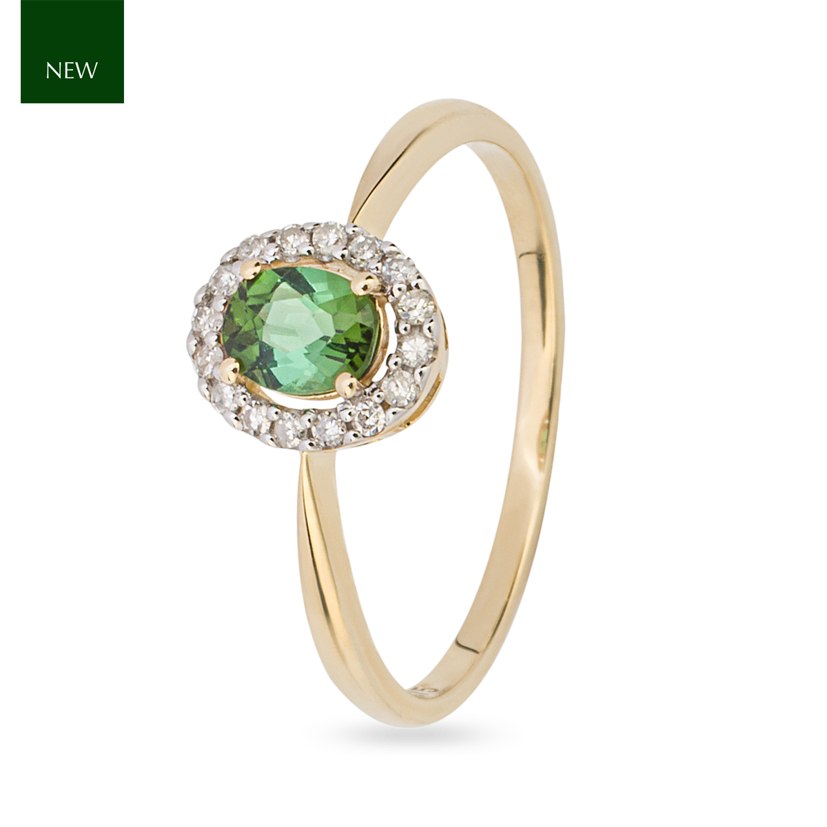9ct Yellow Gold Green Tourmaline & Diamond Halo Ring