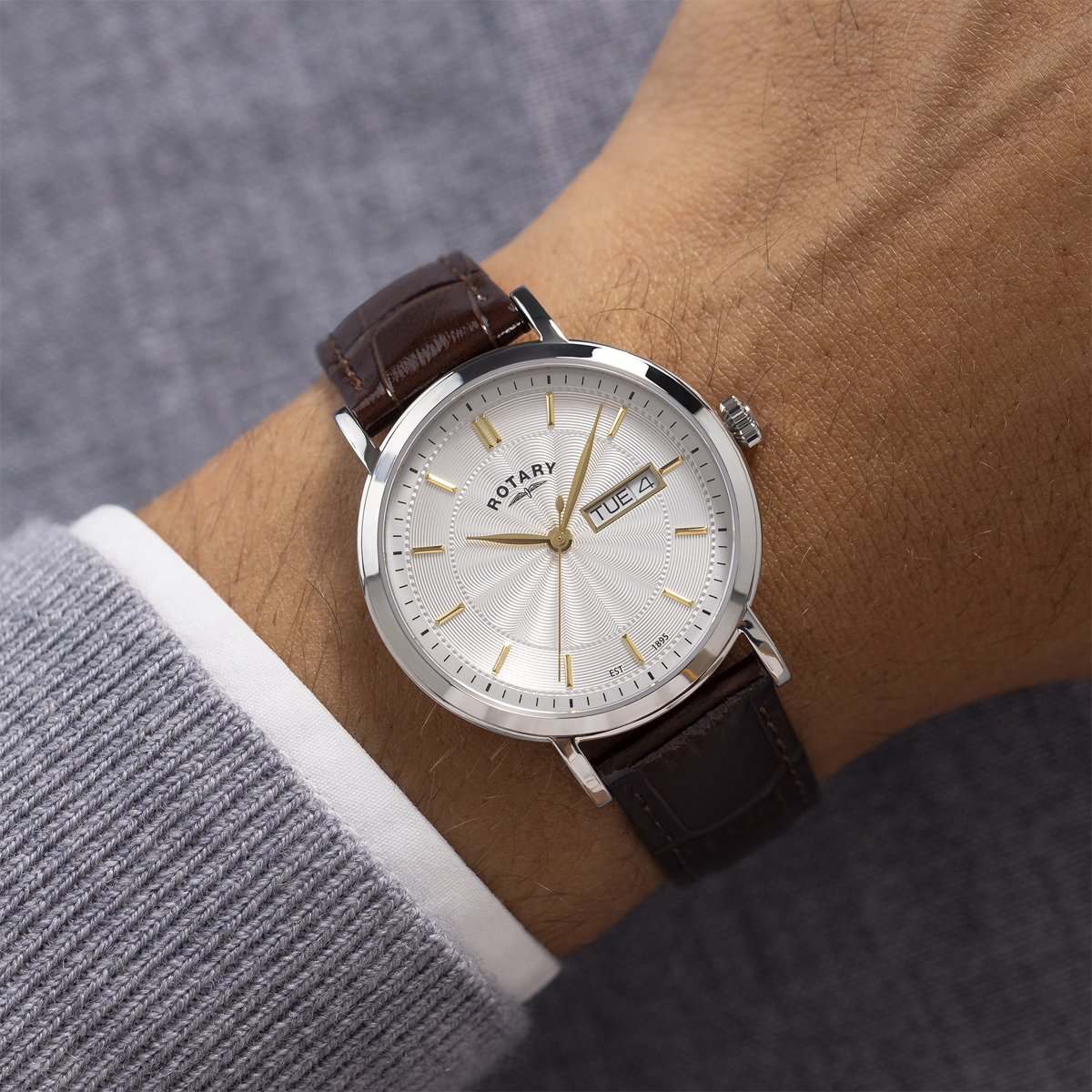 Model wears Rotary Heritage Stainless Steel Watch, Silver Dial with Brown Leather Strap - GS05420/02