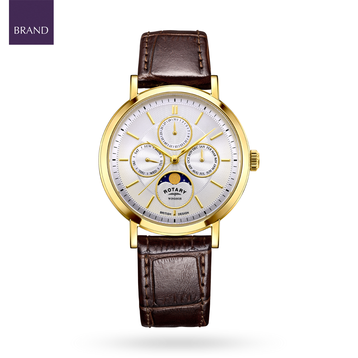 Rotary Windsor Moonphase, Silver Dial with Brown Leather Strap & Gold Plated Case - GS05428/06