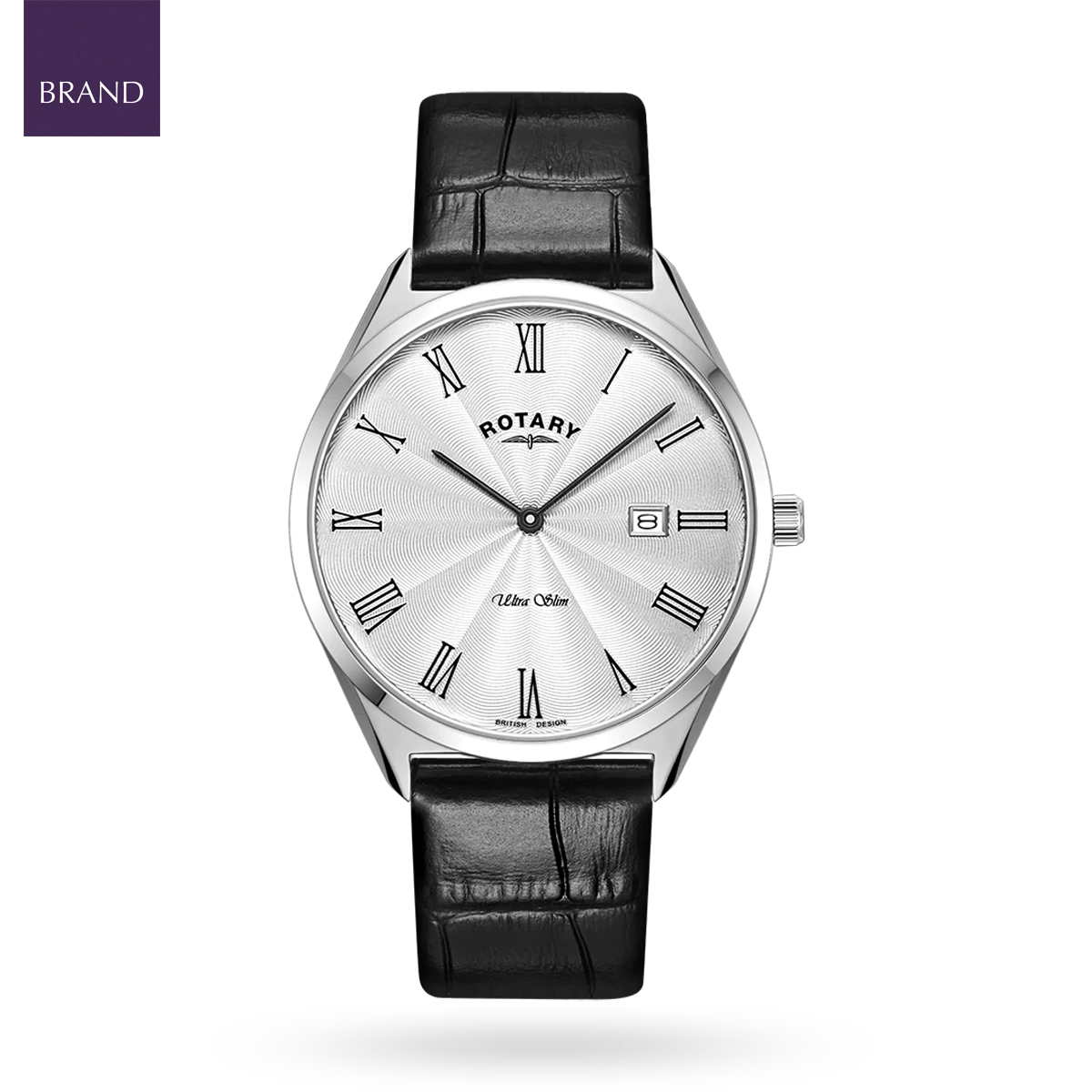 Rotary Ultra Slim Watch, White Dial with Black Leather Strap & Stainless Steel Case - GS08010/01