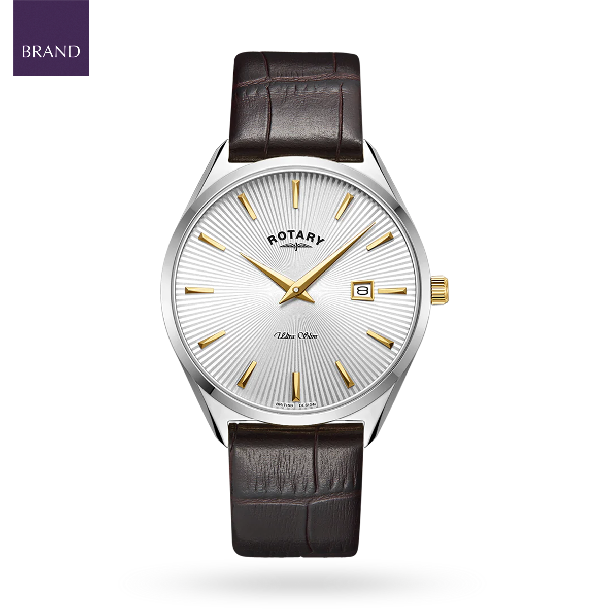 Rotary Ultra Slim Watch, Silver Dial with Brown Leather Strap - GS08010/02