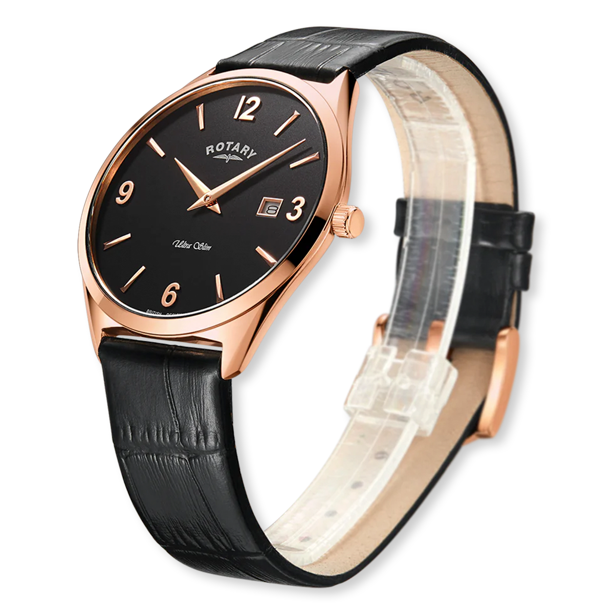 Rotary Ultra Slim Watch, Black Dial with Black Leather Strap - GS08014/04