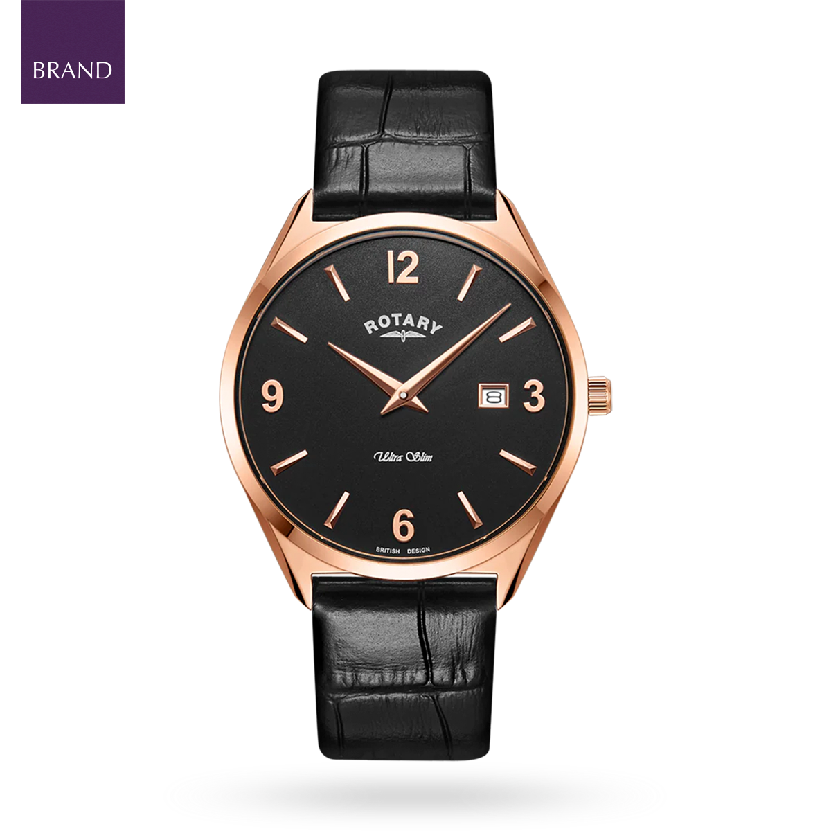 Rotary Ultra Slim Watch, Black Dial with Black Leather Strap - GS08014/04