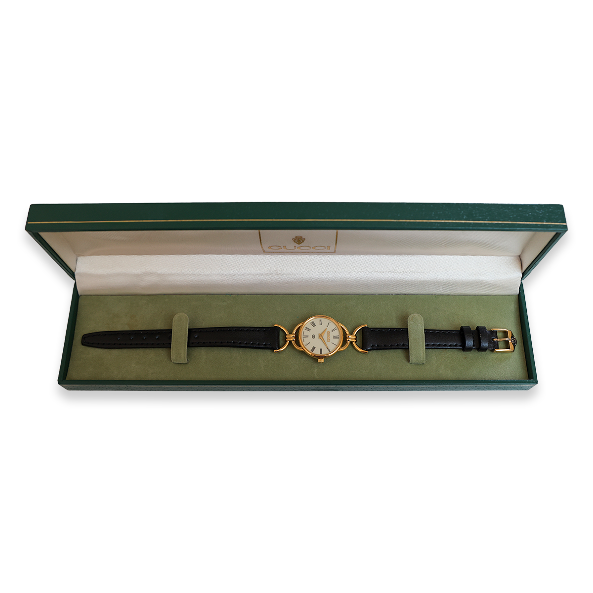 Gucci 6000L Quartz Gold Plated & Black Leather Strap Watch
