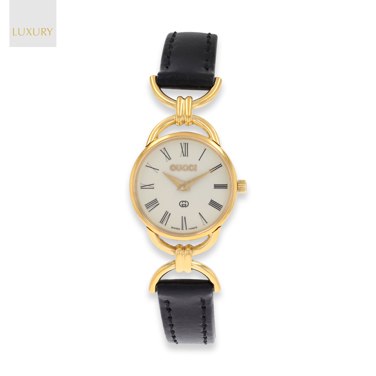 Gucci 6000L Quartz Gold Plated & Black Leather Strap Watch