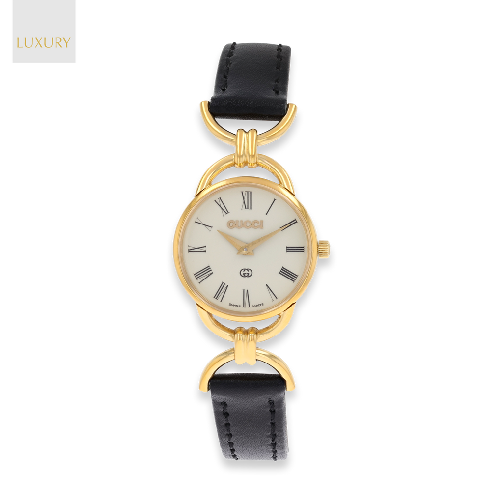 Gucci 6000L Quartz Gold Plated & Black Leather Strap Watch