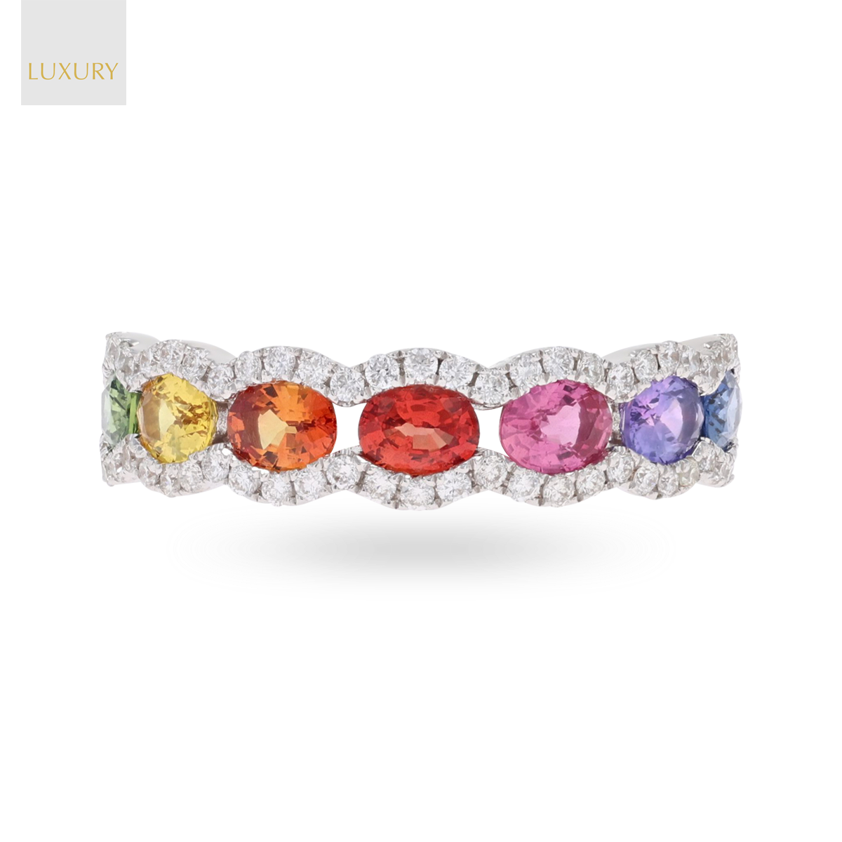 18ct White Gold Fancy Sapphire & Diamond Scalloped Eternity Ring