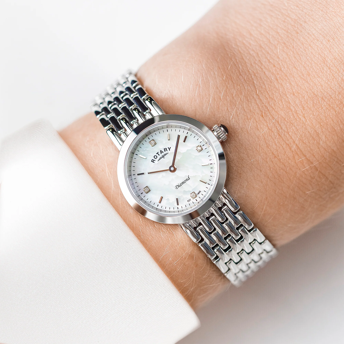 Model wears Rotary Heritage Diamond Set, Mother of Pearl Dial with Stainless Steel Bracelet - LB00899/07/D