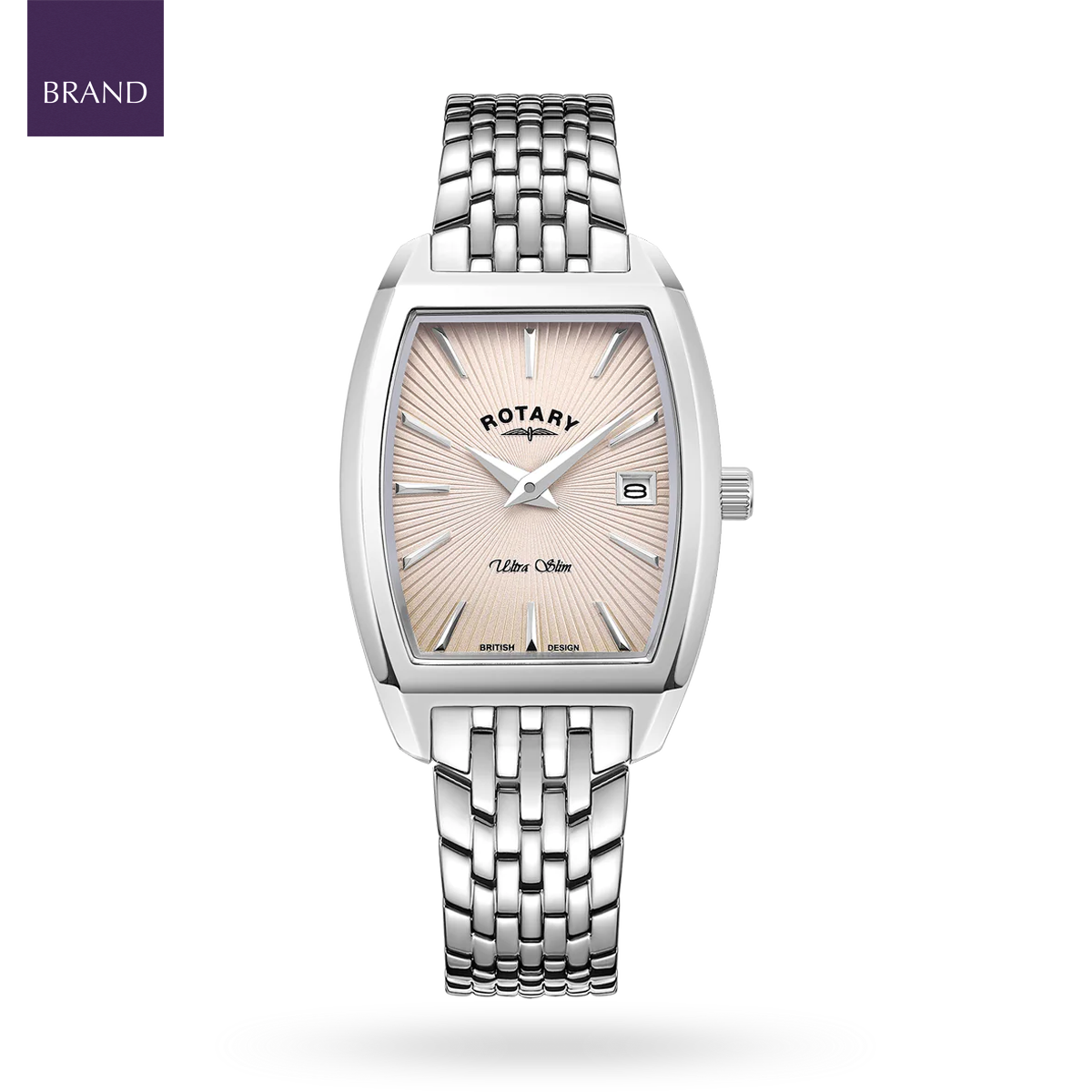Rotary Ultra Slim Tonneau, Pink Dial with Stainless Steel Bracelet