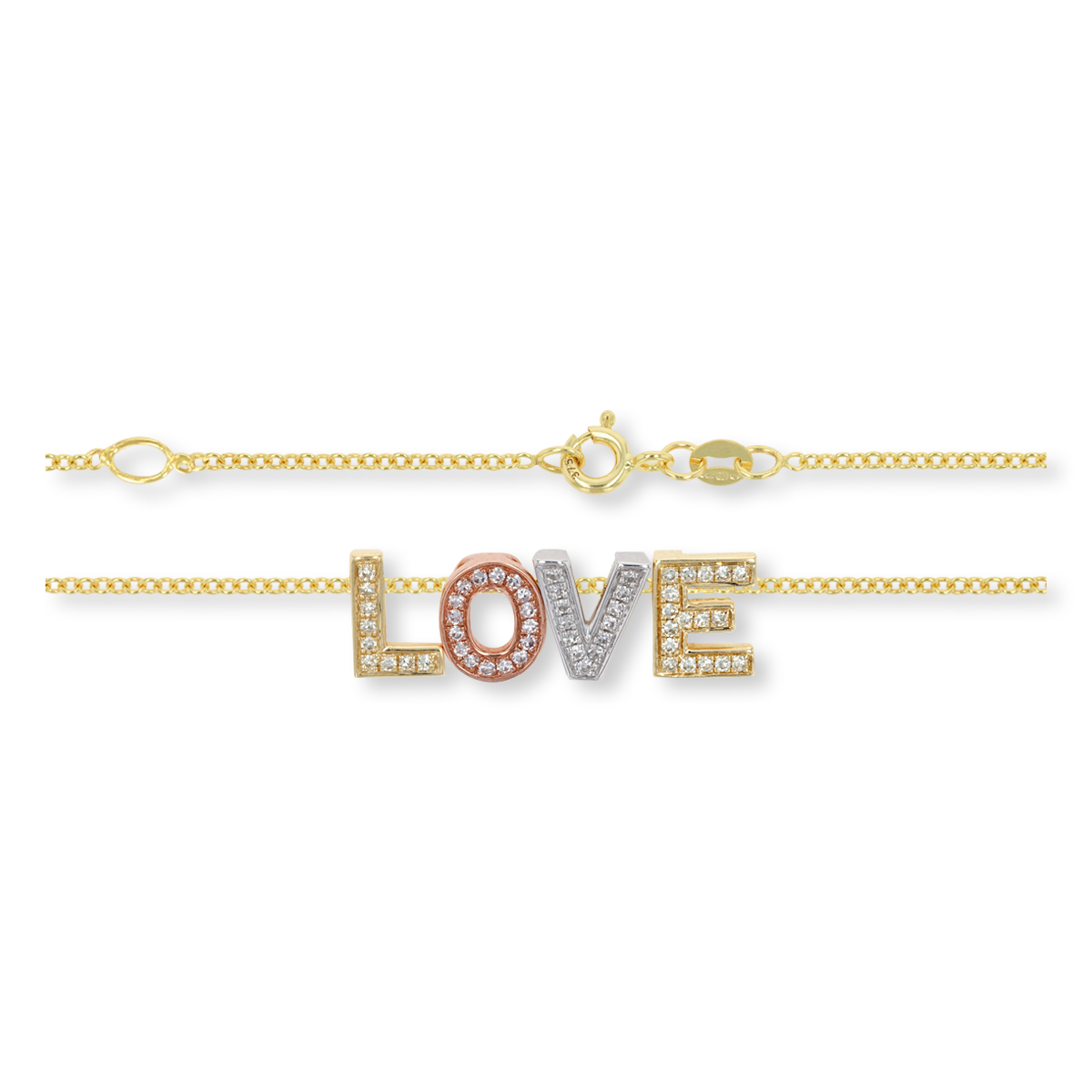 9ct Three Colour Gold Diamond Set 'LOVE' Necklace