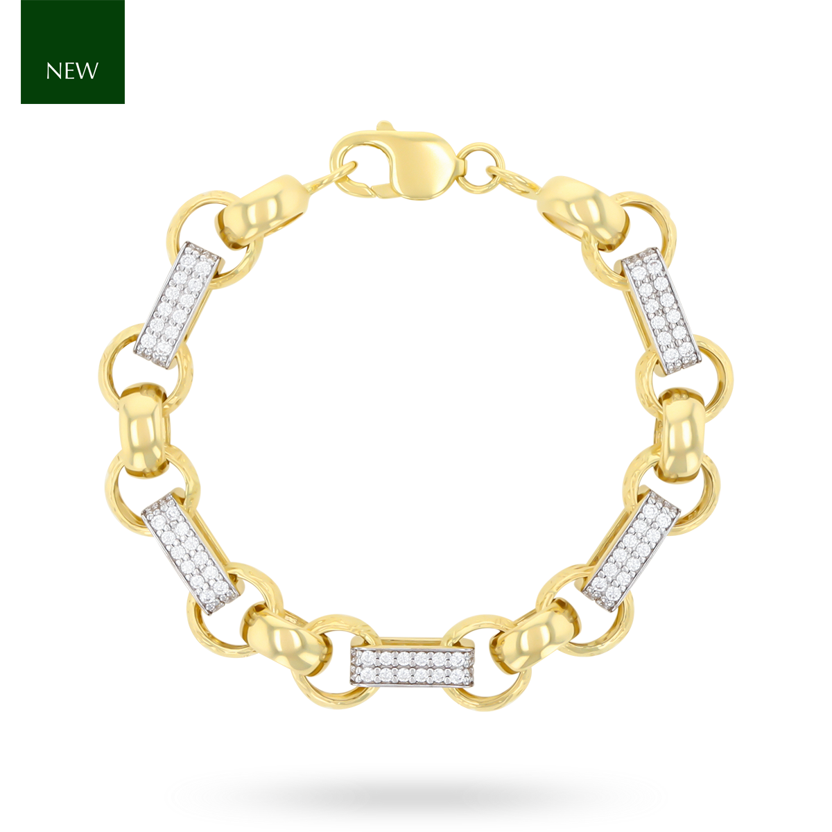 9ct Yellow Gold Patterned Belcher & Cubic Zirconia Set Bar Link Bracelet