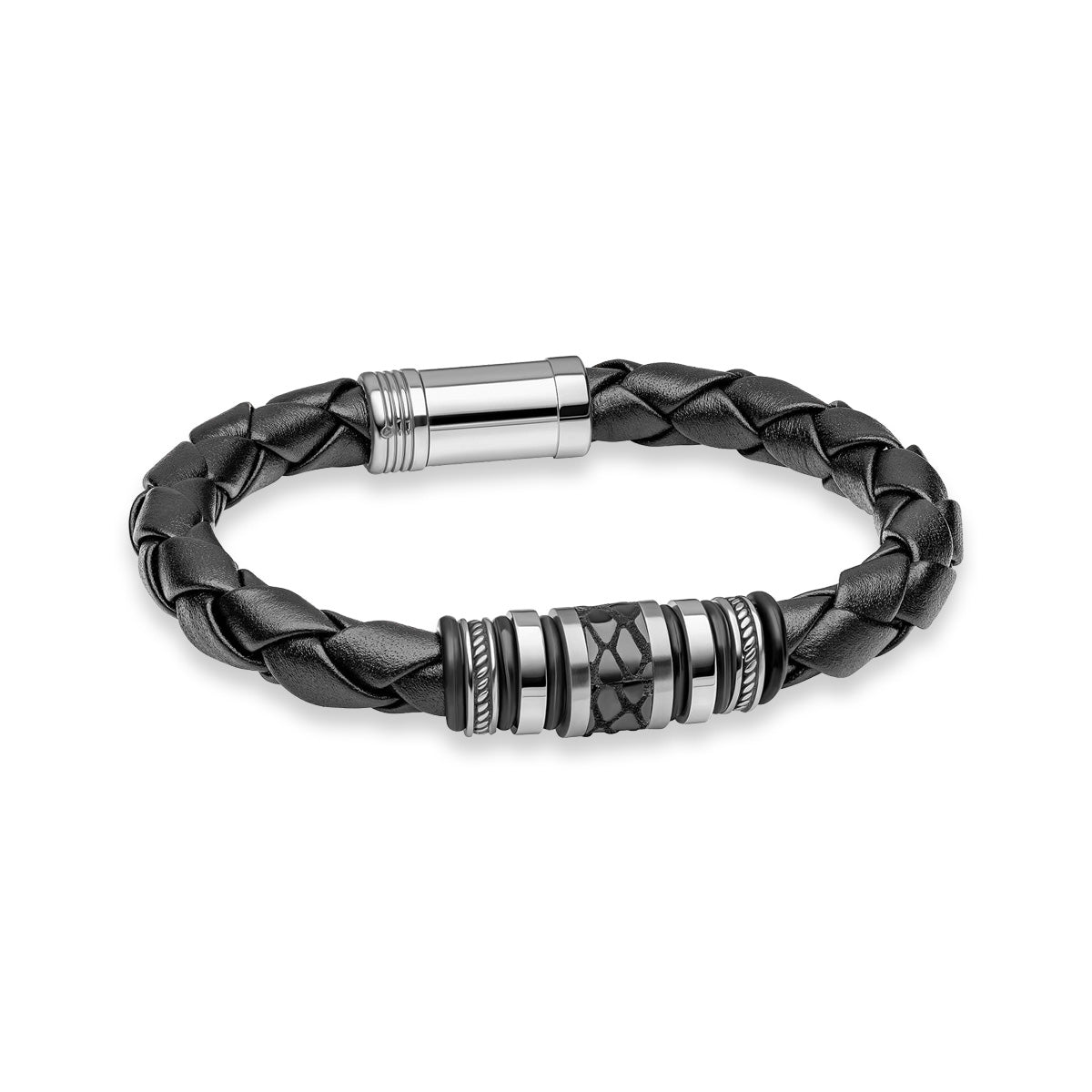 Black Leather & Stainless Steel Centrepiece Bracelet