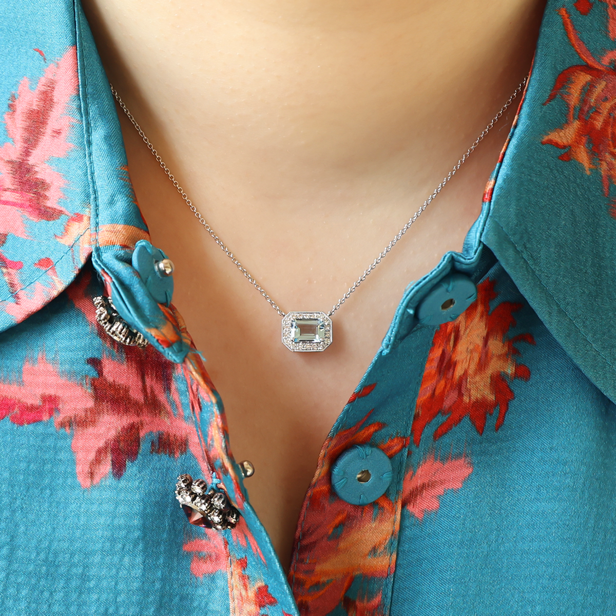 Model wears 18ct White Gold Octagonal Shaped Aquamarine & Diamond Cluster Necklace