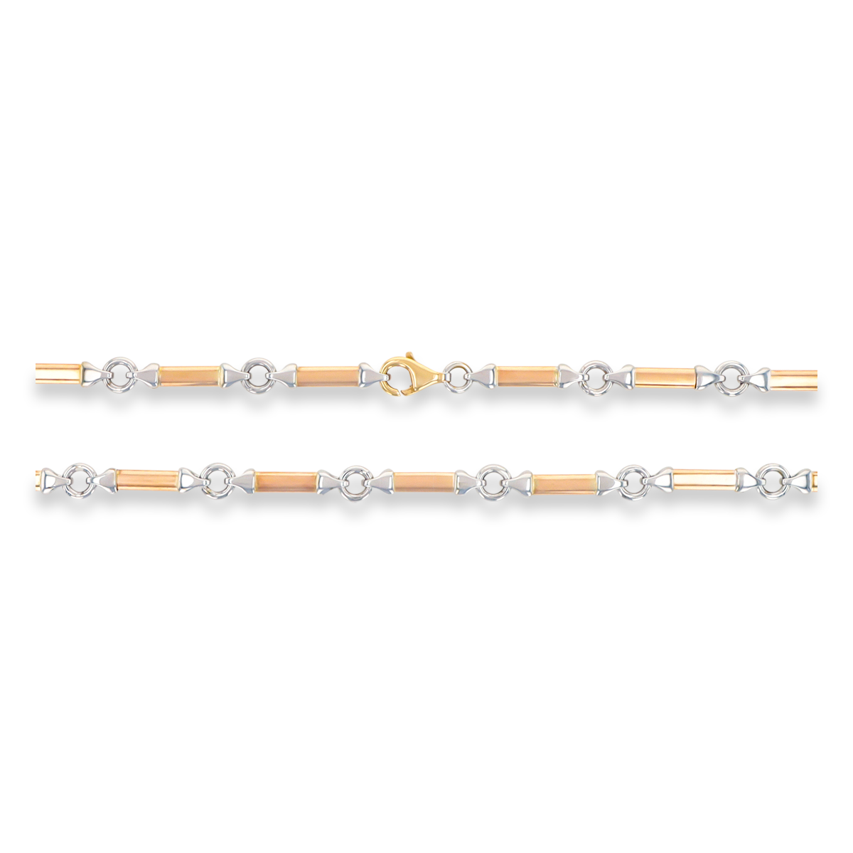 9ct Three Colour Gold Elongated Bar & Round Link Necklace