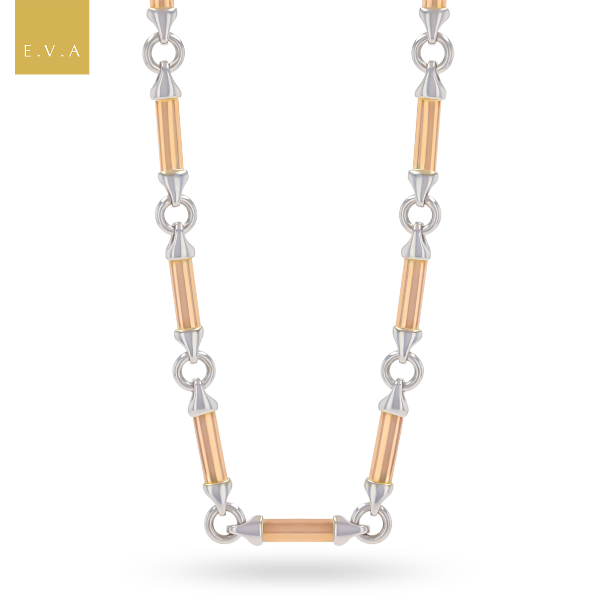 9ct Three Colour Gold Elongated Bar & Round Link Necklace