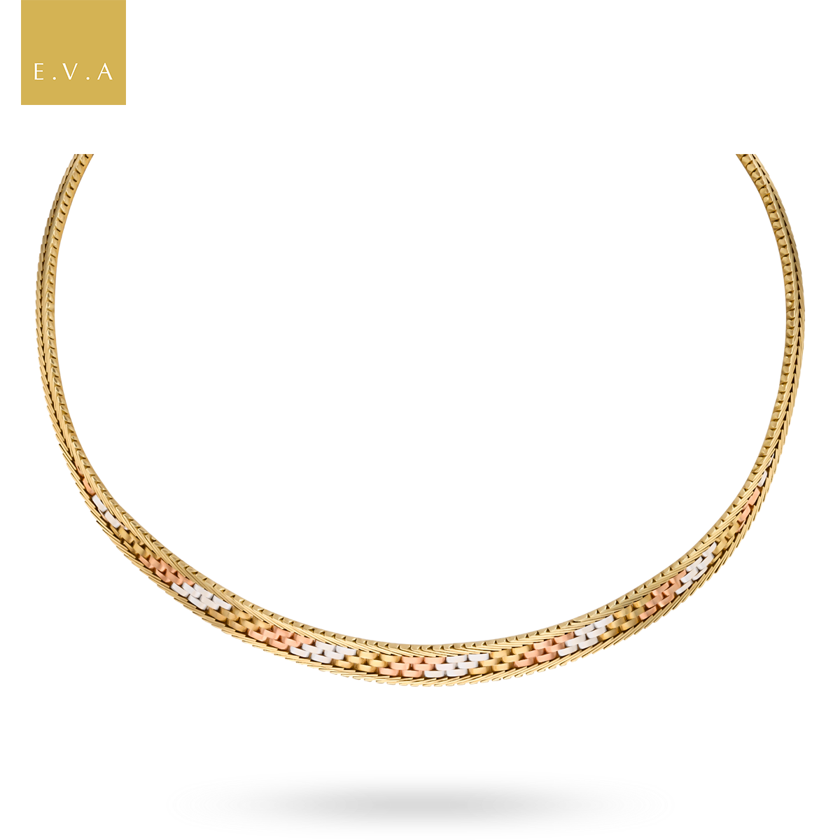 9ct Three Colour Gold Foxtail & Brick Collarette Necklace