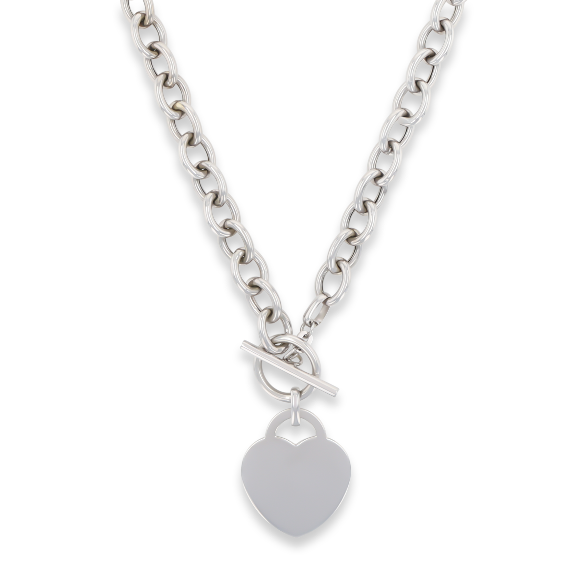 9ct White Gold 15” Oval Belcher Heart Tag T-Bar Necklace