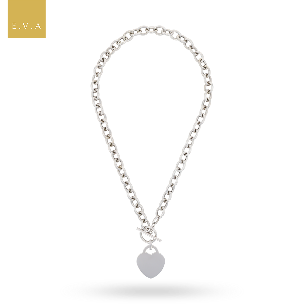 9ct White Gold 15” Oval Belcher Heart Tag T-Bar Necklace