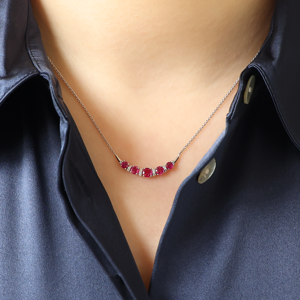 Model wears 9ct White Gold Ruby & Diamond Crescent Necklace
