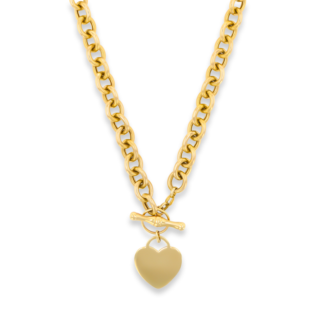 9ct Yellow Gold 16.5” Oval Belcher Heart Tag T-Bar Necklace