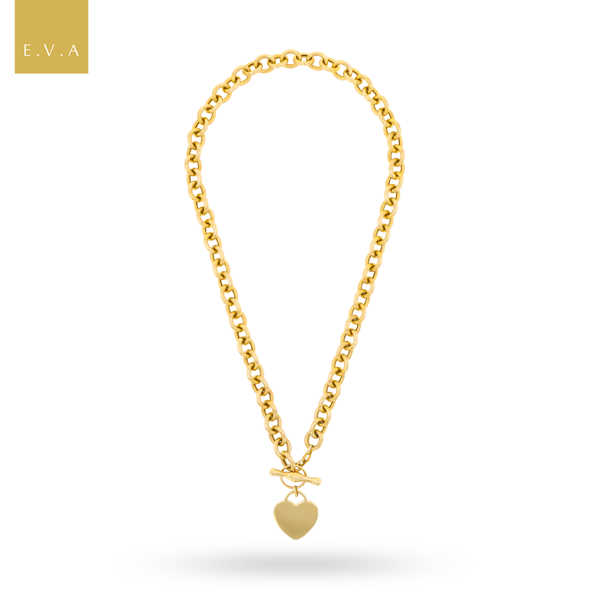 9ct Yellow Gold 16.5” Oval Belcher Heart Tag T-Bar Necklace