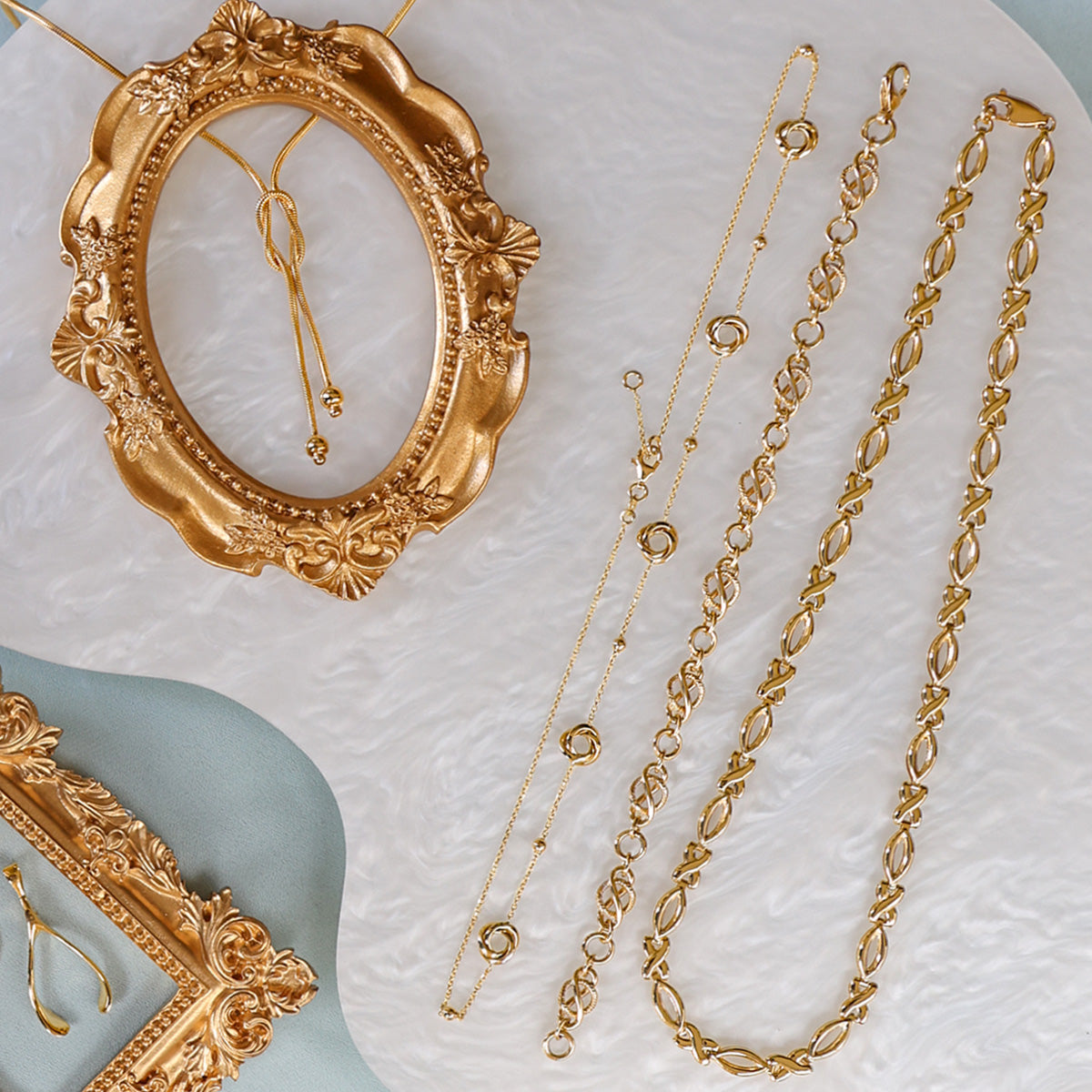 9ct Yellow Gold Love Knot Beaded Snake Necklace, 9ct Yellow Gold Knot & Beaded Trace Link Necklace, 9ct Yellow Gold Kiss & Marquise Link Necklace & 9ct Yellow Gold Twisted Circle Infinity Link Bracelet