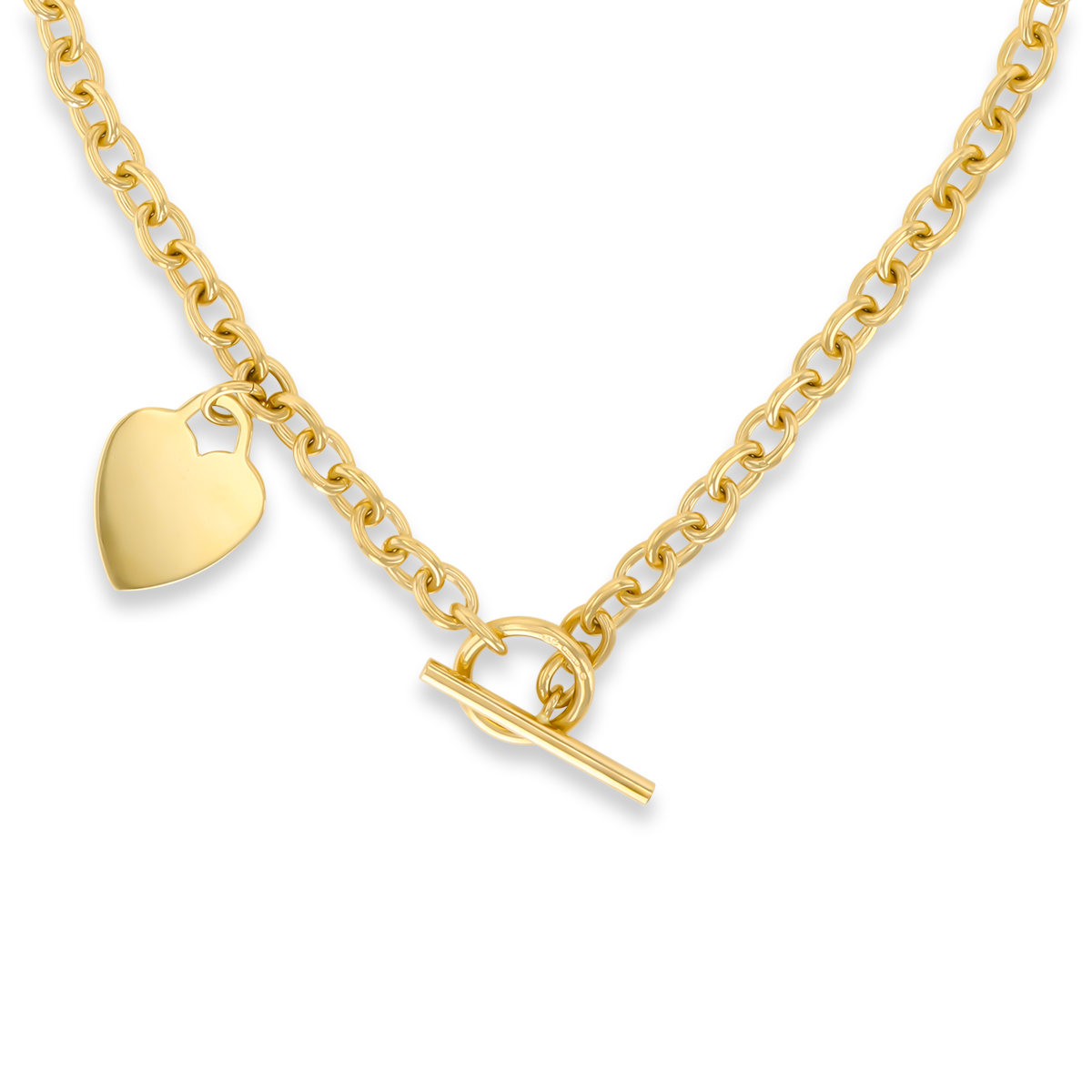 9ct Yellow Gold 17.5” Solid Oval Belcher Heart Tag T-Bar Necklace